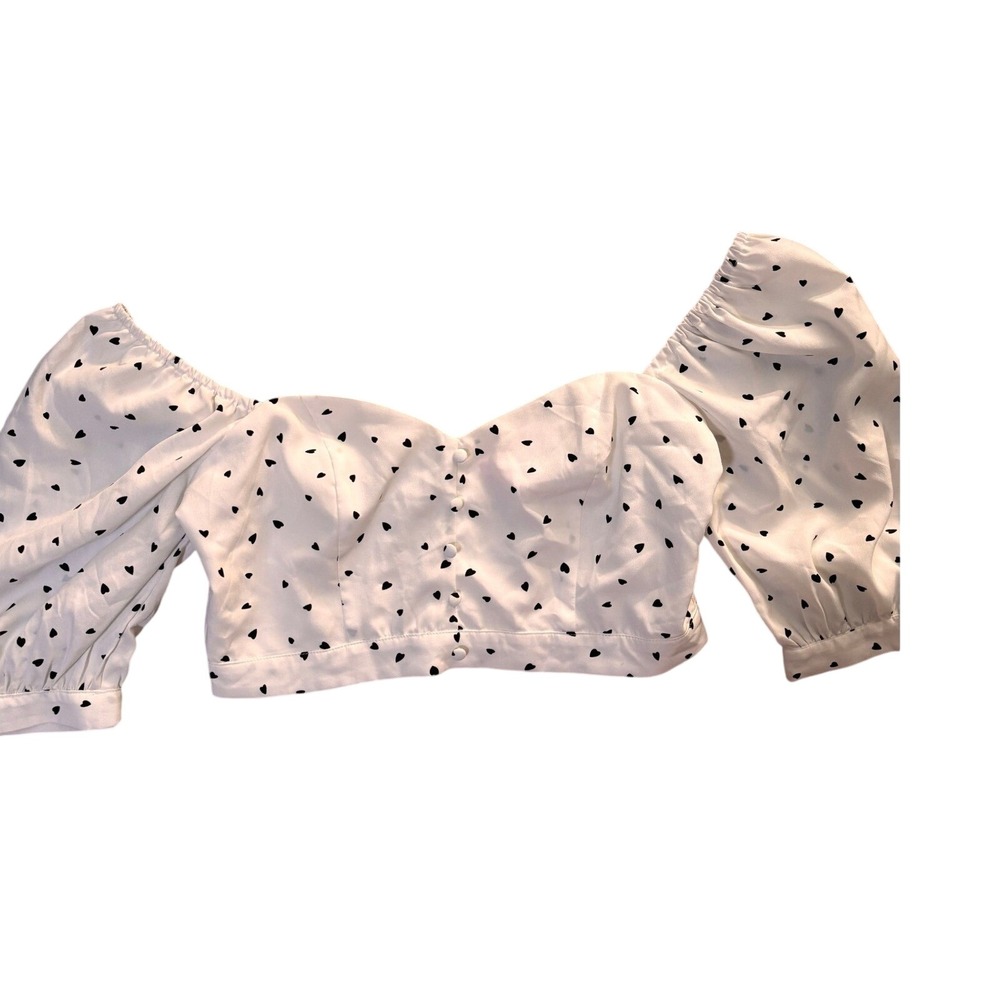 re:named White Heart‎ Print Puff Sleeve Crop Top Sweetheart Neckline Small
